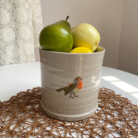 Hand-Painted Bird Ceramic Jar: Rustic Utensil Holder Vase