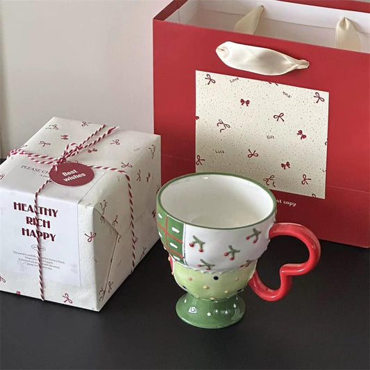 Christmas Coffee Mug: Heart Handle Ceramic Tea Cup Gift Set
