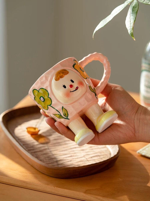 Ceramic Character Mug  Pink Floral Girl with Legs and Shoes