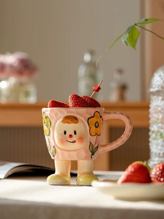 Ceramic Character Mug  Pink Floral Girl with Legs and Shoes